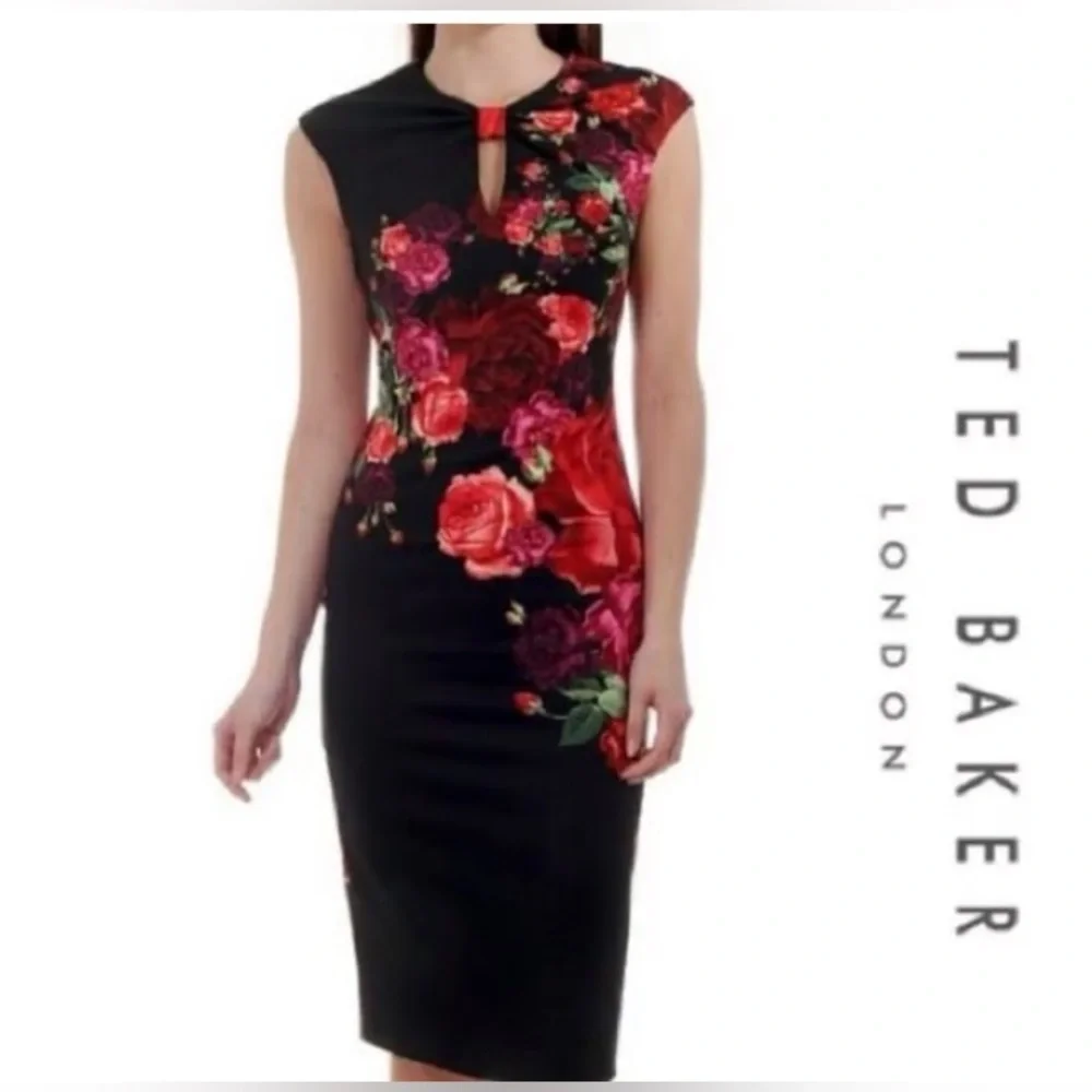 Ted Baker London Mirrie Floral Black Midi Dress sz 1 - Picture 2 of 11